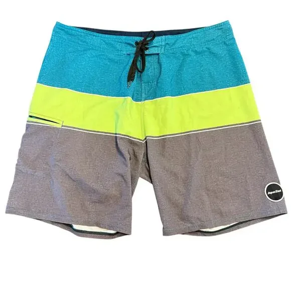 Aqua East Men’s board short, swimsuit, teal, neon green, gray, 38