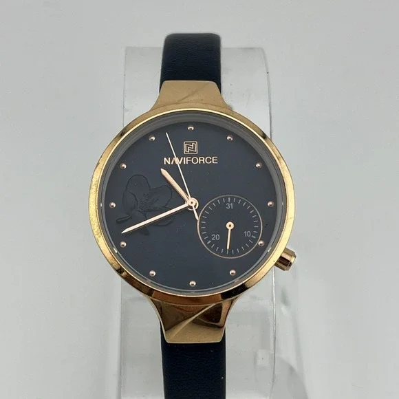 Naviforce Watch Women 32mm Rose Gold Case Flower Dial Leather Band- New Battery‎
