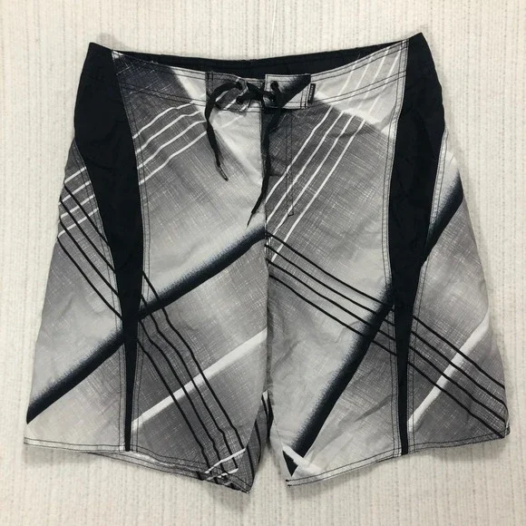 Joe Boxer‎ Swim Trunks Plaid Board Shorts Quick Dry Beach Black White 34