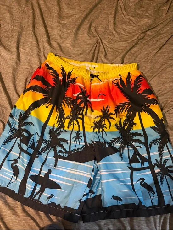 Men's Tropical Sunset Swim Trunks - Yellow/Orange/Blue