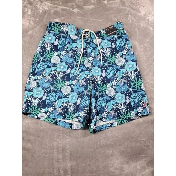 Nautica board shorts mesh lined swim trunks Large Blue Floral, seahorse, fish‎