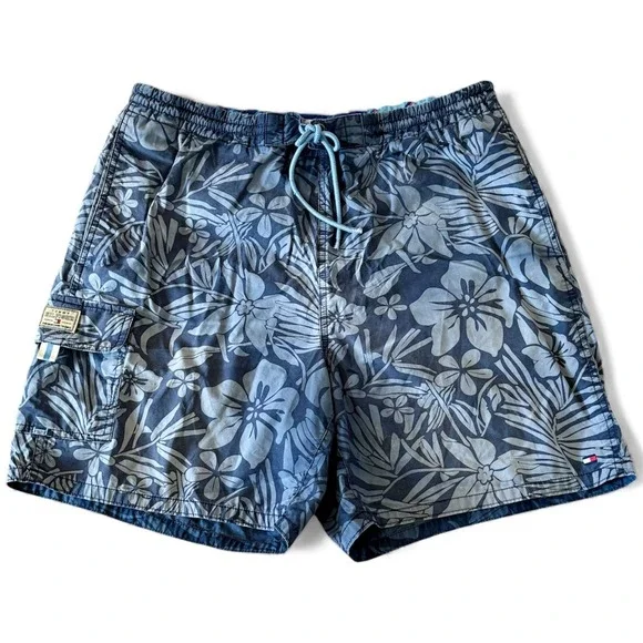 Tommy Hilfiger Men's‎ L Premium Swim Trunks Navy Floral Cargo Pocket Drawstring