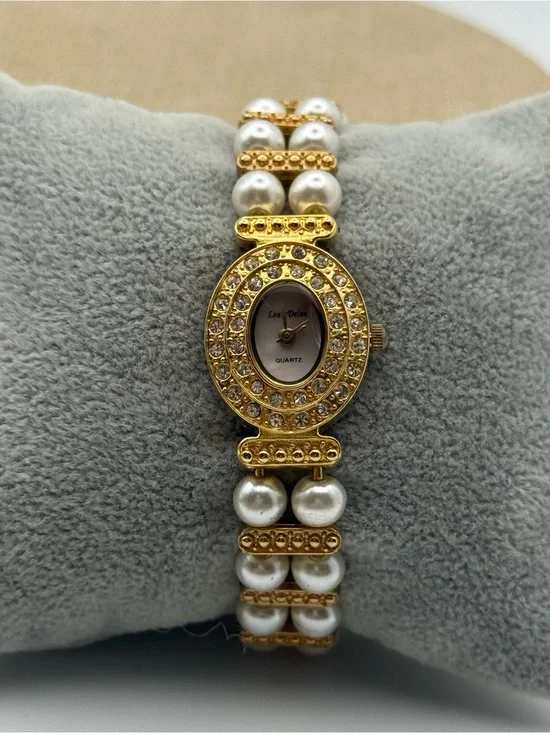 Womans Louis Delon Gold Crystal & Pearl Bracelet Watch