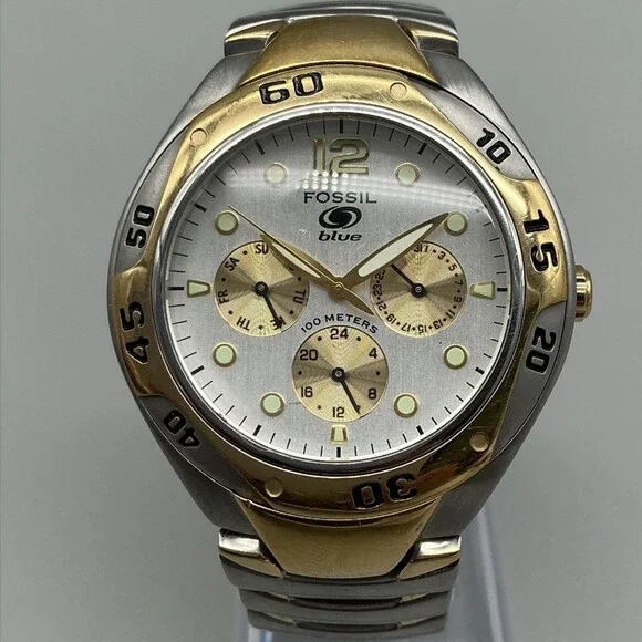 Fossil Blue BQ-9094 Mens Watch 40mm Silver Two Tone Stainless New Battery 6.5