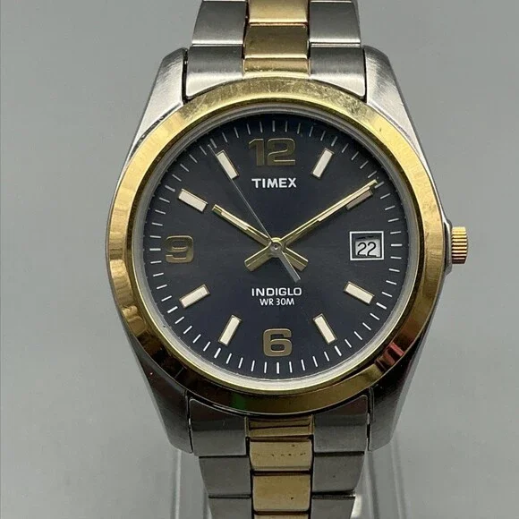 Timex Indiglo WR 30M Mens Watch 35mm Black Dial Two Tone Date New Battery 7.5