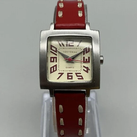TOKYObay Womens Watch 23mm Cream Dial Red Leather Square New Battery