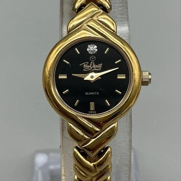 Paul Monet 2164 Womens Watch 19mm Black Dial Gold Tone Crystal New Battery 7.25