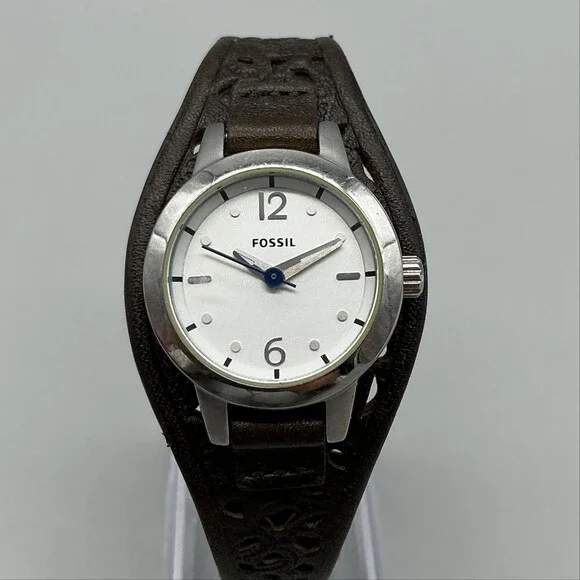 Fossil JR-1258 Womens Watch 27mm Silver Dial Brown Leather Cuff New Battery