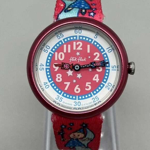 Flik Flak Girls Watch 29mm Pink Blue Dial Fairy Fabric Strap Swiss New Battery