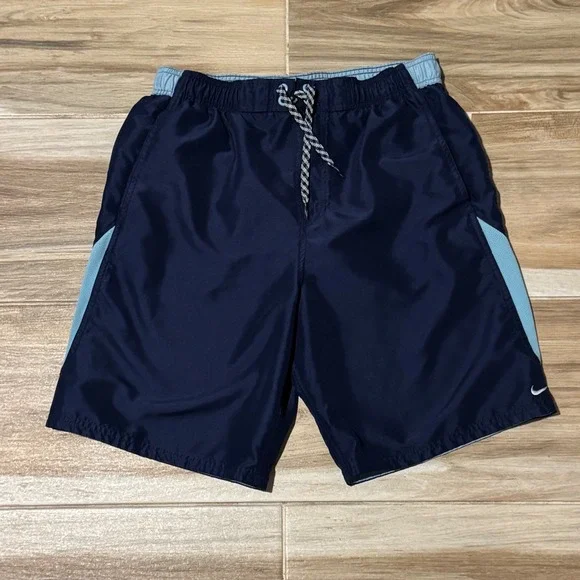 Vintage Nike Swim Trunks Mens Small Navy Light Blue Blocked Volley Shorts Y2K