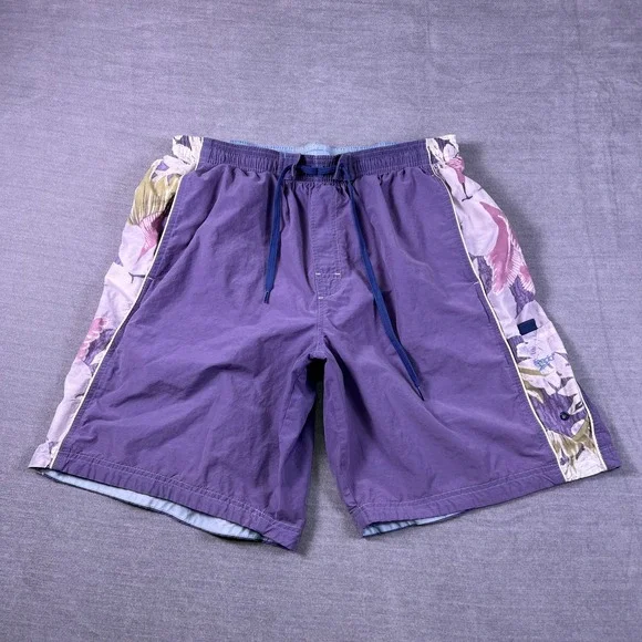 Speedo Swim Trunks Floral Side Panels Mid Rise Shorts Mens Large Purple Nylon