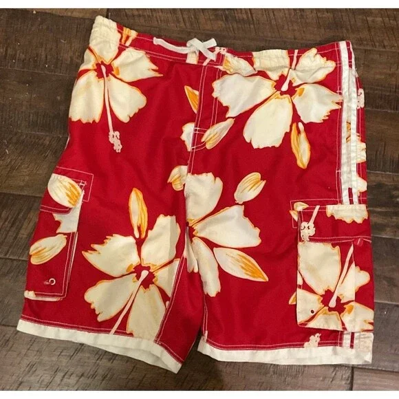 Red Floral Hawaiian Board Shorts with Cargo Pockets - Men's Swim Trunks 3xl