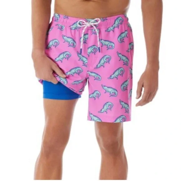 Pink Swim Resort Trunks With Alligators