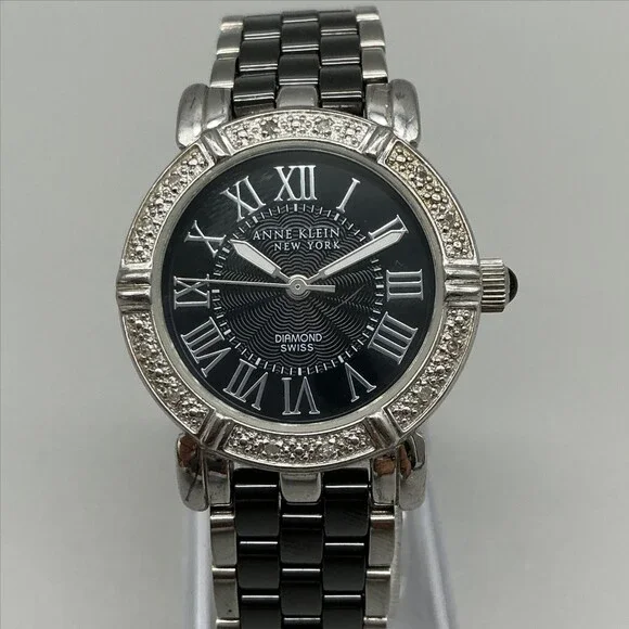 Anne Klein Womens Watch 30mm Black Dial Diamond Bezel Stainless New Battery 6.5
