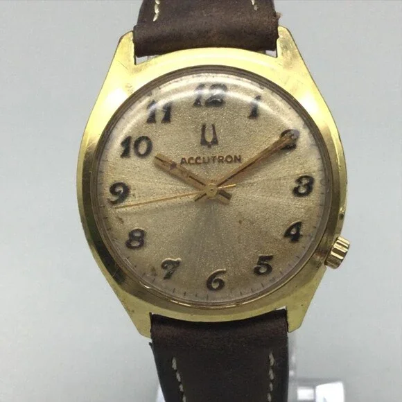 Vintage Bulova Accutron Tuning Fork Mens Watch 34mm 10K RGP Brown Leather Band