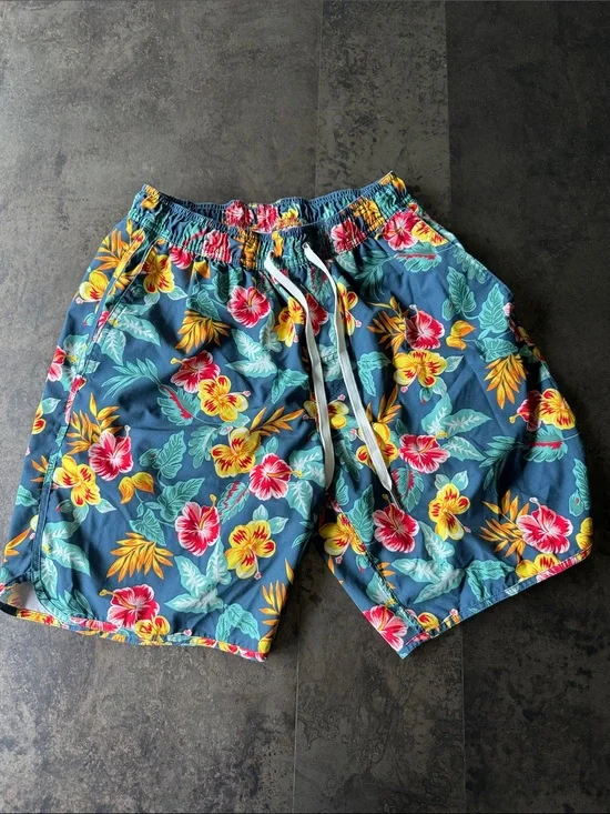 Fair Harbor Blue Swim Trunks with Yellow & Pink Floral Print