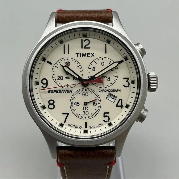 Timex Expedition TW4B04300 Mens Watch 42mm Cream Dial Chronograph New Battery