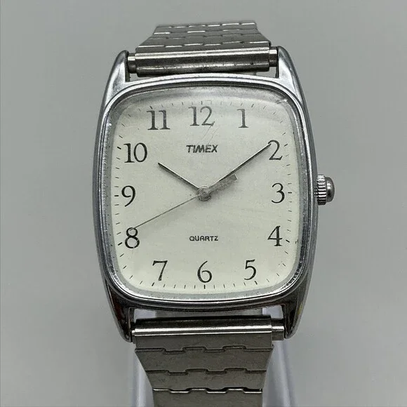 Vintage Timex La Cell Mens Watch 28mm Silver Tone Tank Stretch Band New Battery