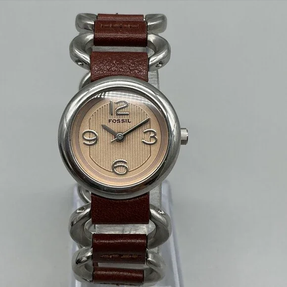 Fossil F2 ES-1767 Womens Watch 25mm Brown Leather Link Band New Battery 7.25