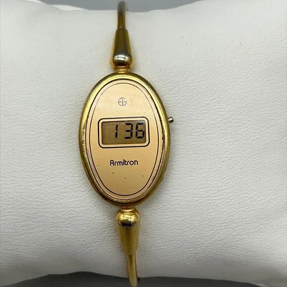 Vintage Armitron Womens Watch 18mm Gold Tone LCD Digital Bangle New Battery 6.5