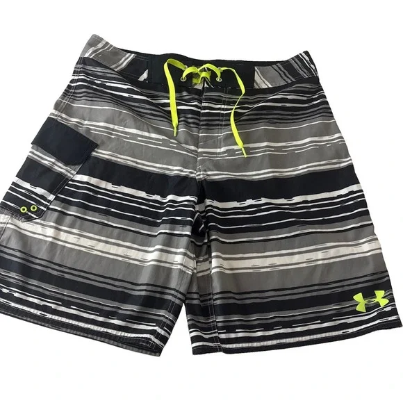 Under Armour Men's Black Gray White stripe Board Shorts Swim Drawstring Size 36