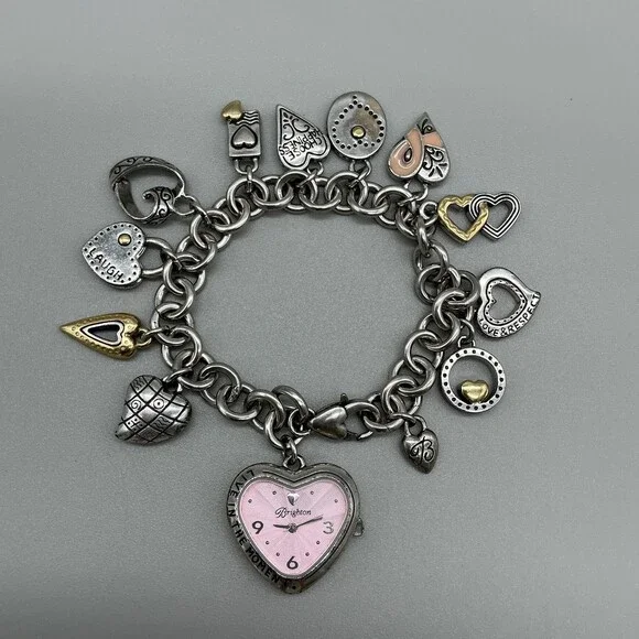 Brighton Womens Watch 27mm Pink Heart Dial Charm Bracelet New Battery 8