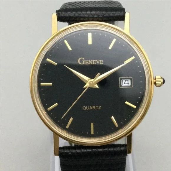 Vintage Geneve Mens Watch 33mm Black Dial Date 14K Gold Leather New Battery