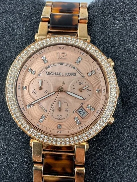 Michael Kors Parker Watch Rose Gold Faux Tortoise Chronograph New Battery 7