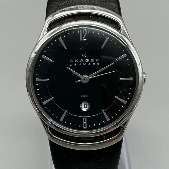 Skagen 597SLB Womens Watch 30mm Black Dial Leather Date Stainless New Battery
