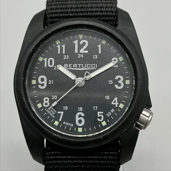 Bertucci A-2R DX3 Mens Watch 40mm Black Dial Nylon Strap 50M Field New Battery