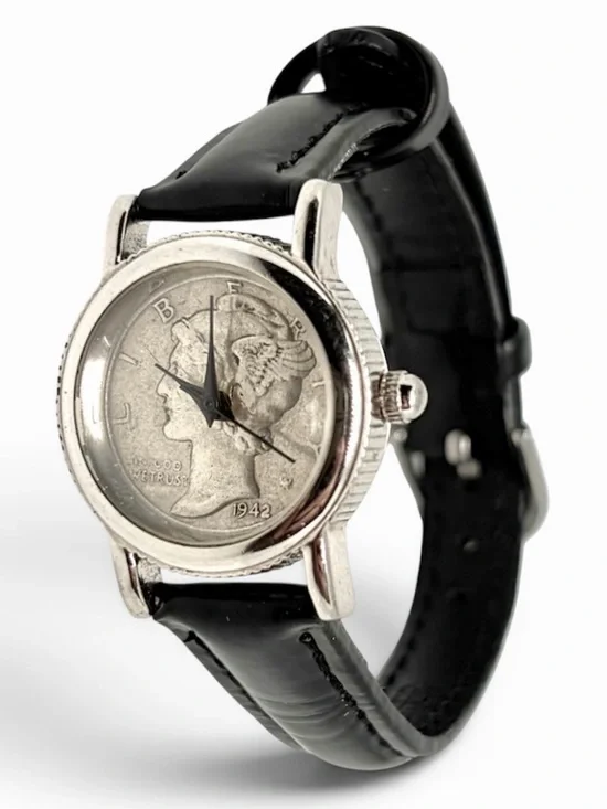 Vintage WORKING Mercury Silver Dime Ladies Quartz Wrist Watch Leather Strap