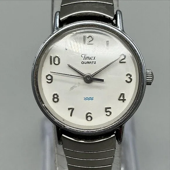 Timex Womens Watch 23mm White Dial Silver Tone Stretch Bracelet New Battery