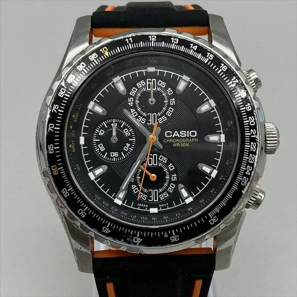 Casio MTP-4500 Mens Watch 41mm Black Dial Chronograph Black Orange Silicone