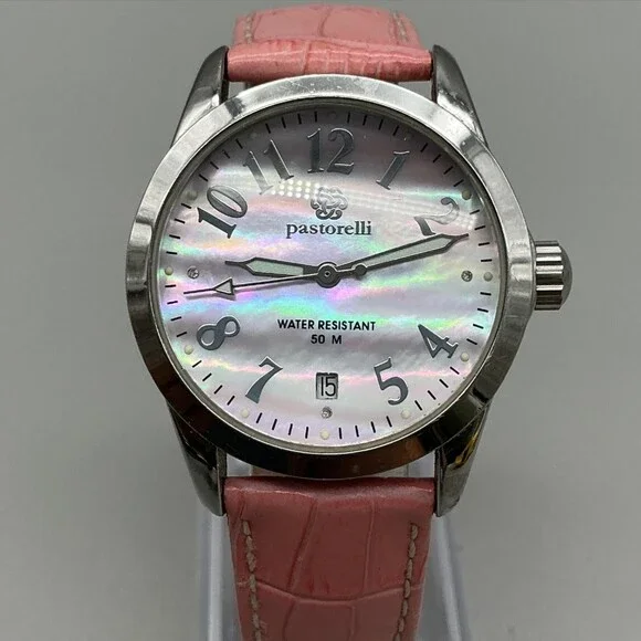 Pastorelli Womens Watch 34mm White MOP Dial Pink Leather Date New Battery