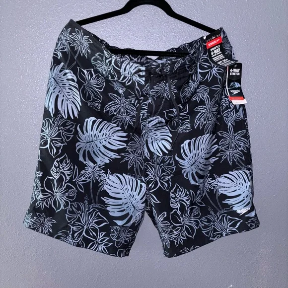 NWT Speedo XXL Swim Trunks with Blue Leaf Print