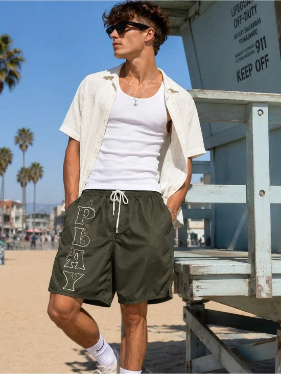 PLAYBOY by Pacsun Olive Green Swim Trunks with White Drawstring