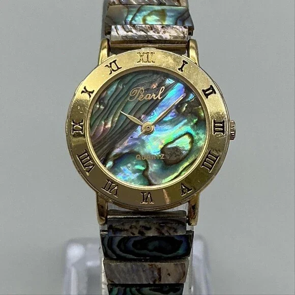 Vintage Pearl Womens Watch 24mm Abalone Dial Gold Tone Stretch Band New Battery