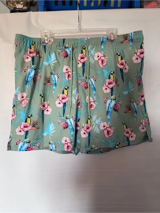 George Floral Parrot Swim Trunks in Sage Green and Pink XL new