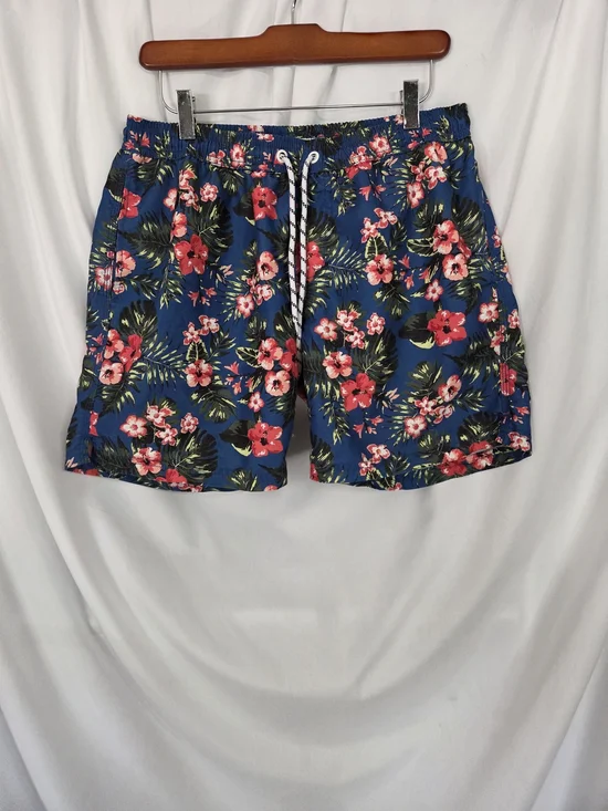 Maamgic  Navy Floral Swim Trunks with Red Hibiscus Print Size M