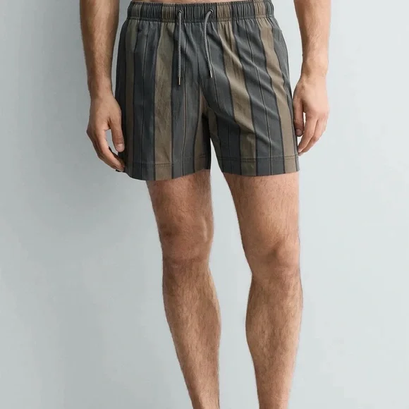 Zara Olive and Charcoal Striped Men's Swim Trunks