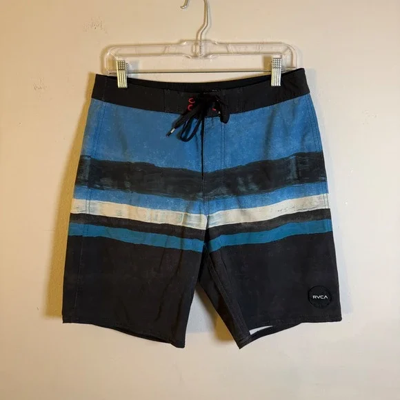 RVCA Mens 4-Way Performance Stretch Board Shorts Blue Black Striped Size 30