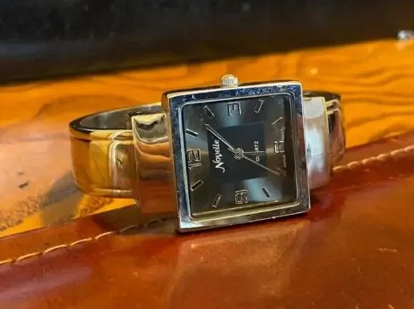 Women's Silver Tone Novelle Watch, Bangle Bracelet, Black and Gray Face