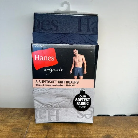 Hanes Originals Ultimate 3 Pack Mens Supersoft Bamboo Knit Boxers Medium U02KC3