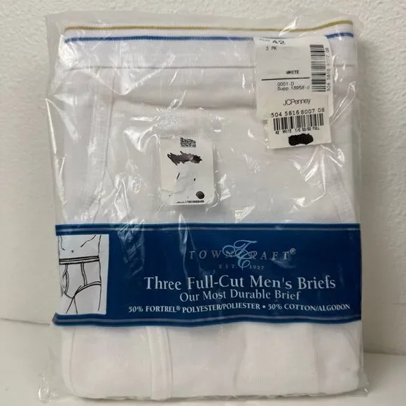 Vintage Towncraft 3 Pack Men’s Full-Cut Briefs‎ White Size 42 NWT