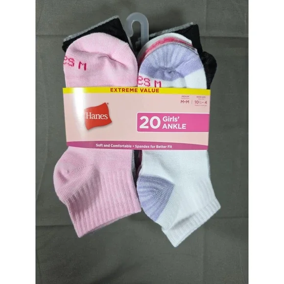 Hanes Girls Ankle Socks Size Medium 20-Pack Great Value!‎ Soft! Comfortable