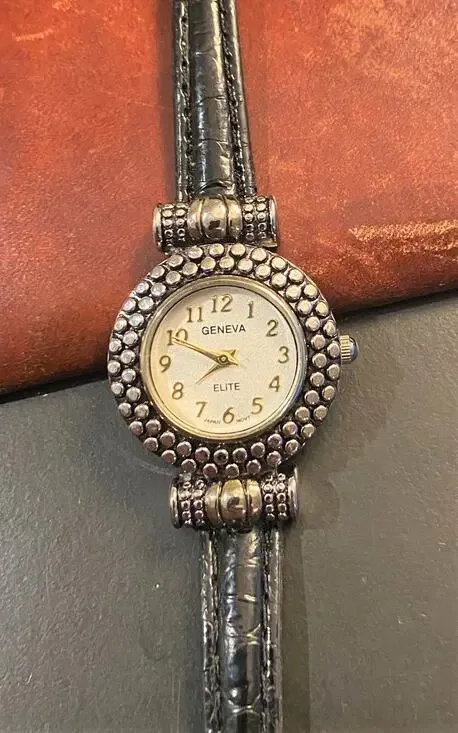 Women's 30mm Silver tone Geneva Elite Watch, Black Band