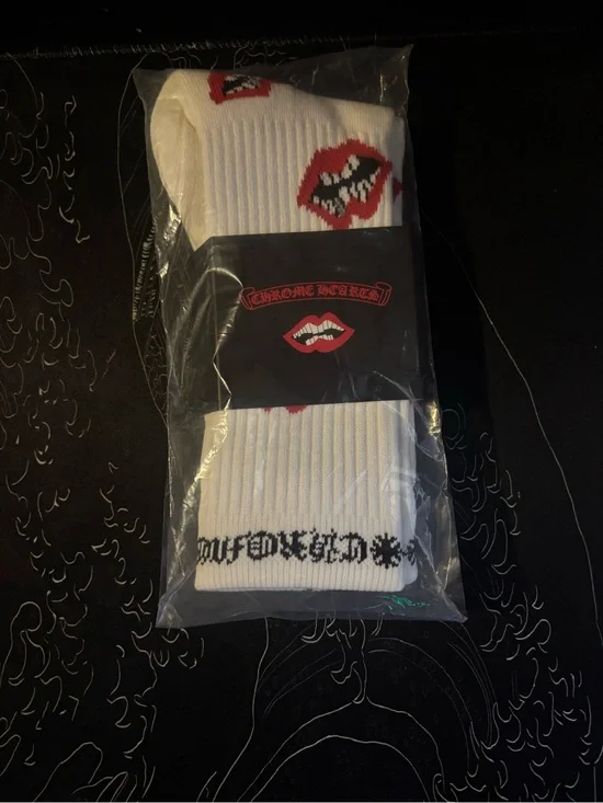 Chrome Hearts White Crew Socks with Red Lip Graphic
