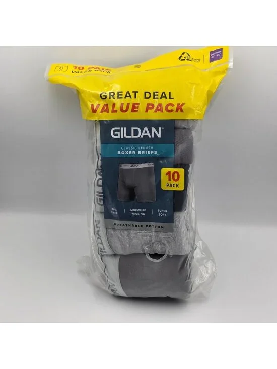 10-Pack GILDAN Men's Size 2XL Classic Boxer Briefs Cotton Comfort Wicking Gray
