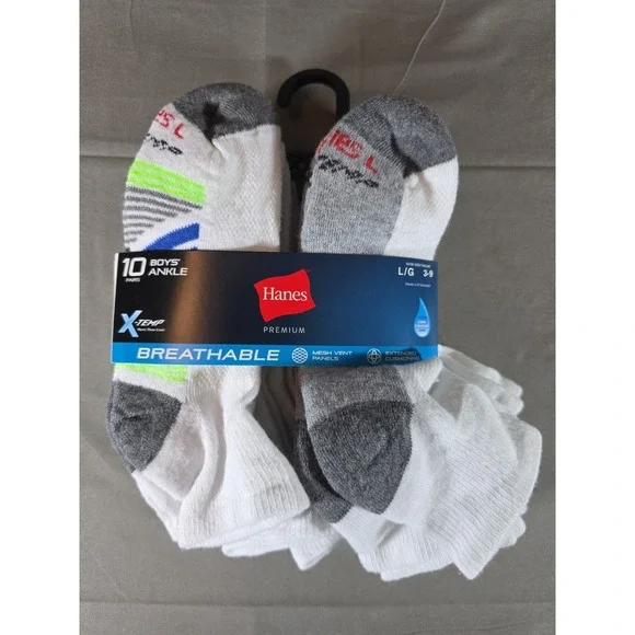 10pk Hanes BOYS Ankle Socks Premium Breathable X-Temp  Size L 3-9