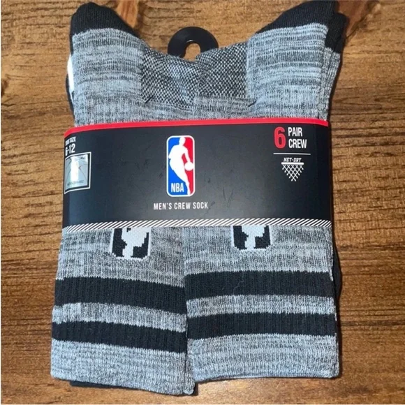 NBA Black Gray Crew Socks 6 Pairs New Fits Shoe Size 6-12 Official License